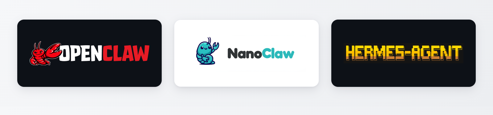 Logo comparison: OpenClaw, NanoClaw, Hermes