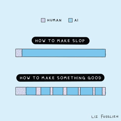 Illustration by Liz Fosslien on AI and mediocre-at-scale output