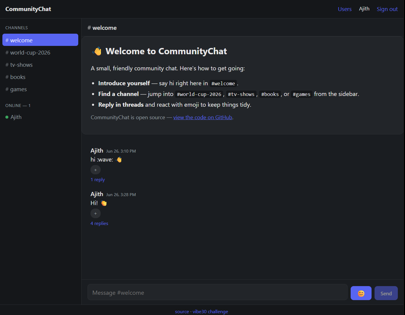 Community Chat, a single-server Discord clone